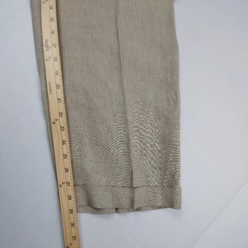 Paul Fredrick Dress Pants Mens Size 38x29 Beige Tan 100% Linen Pleated Cuffed